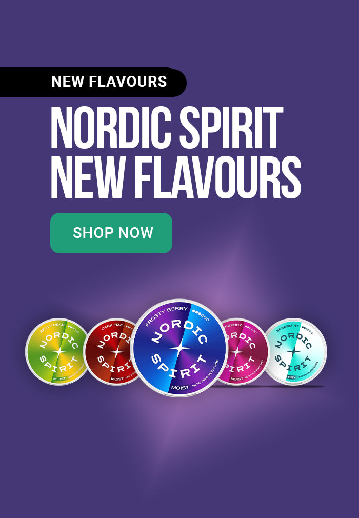 Promotional graphic for Nordic Spirit new flavors with colorful product icons on a purple background.