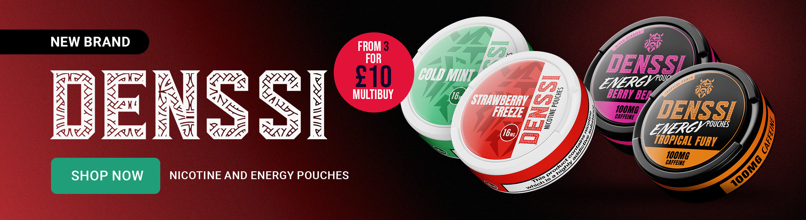 Four cans of Denssi caffeine pouches on a black and red background