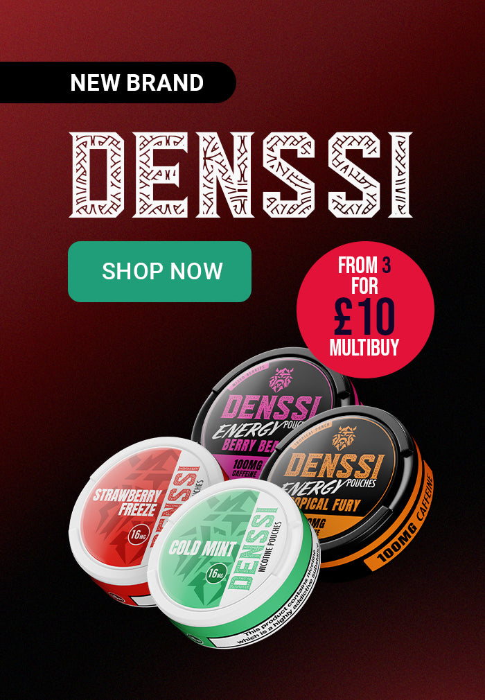 Four cans of Denssi caffeine pouches on a black and red background