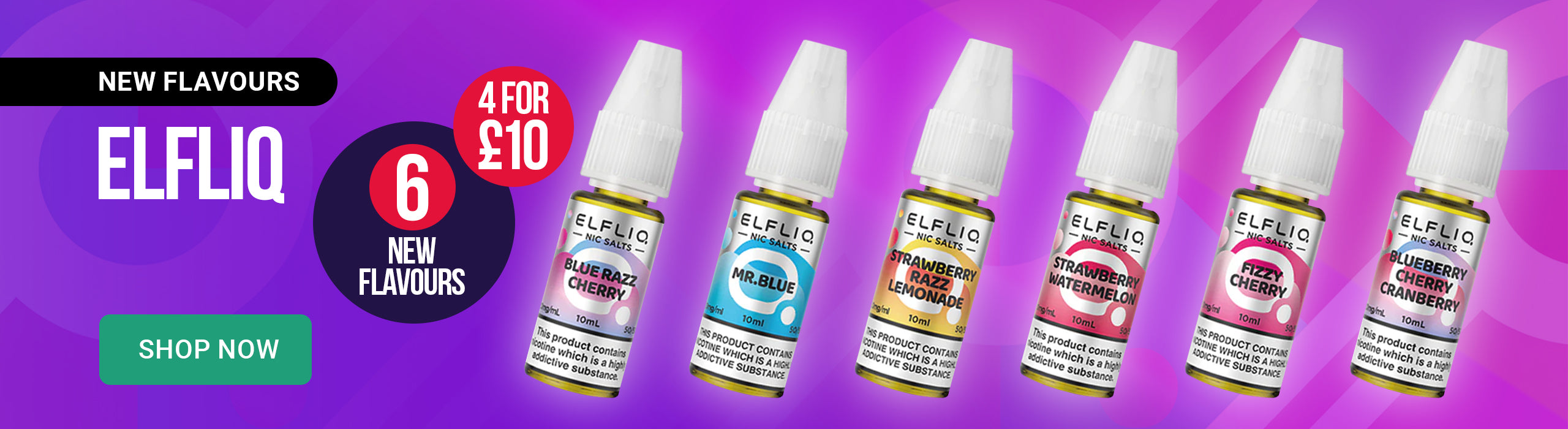 Elfliq e-liquid bottles on a purple background with promotional text.