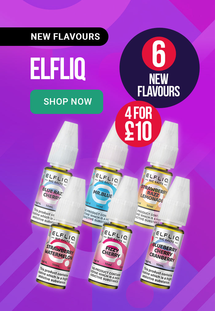Elfliq e-liquid bottles on a purple background with promotional text.