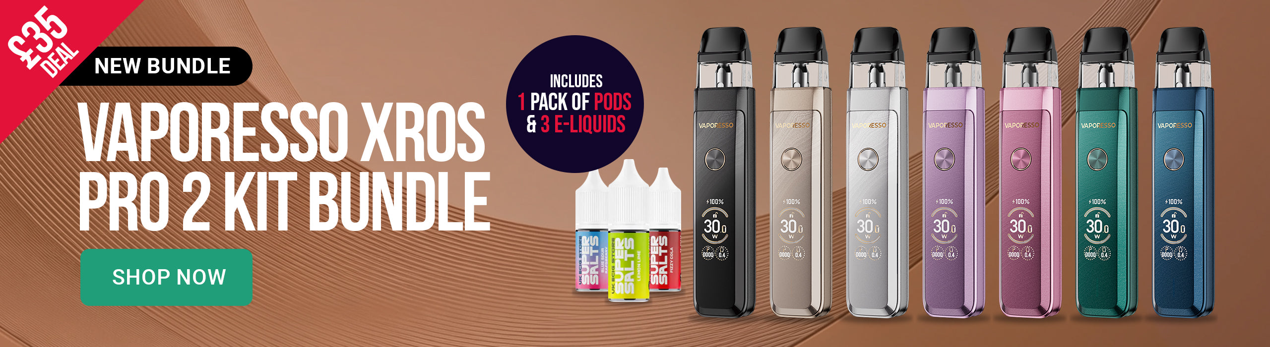 advertisement for vaporesso xros pro 2 kit bundle featuring 7 different coloured vape kits on a brown background