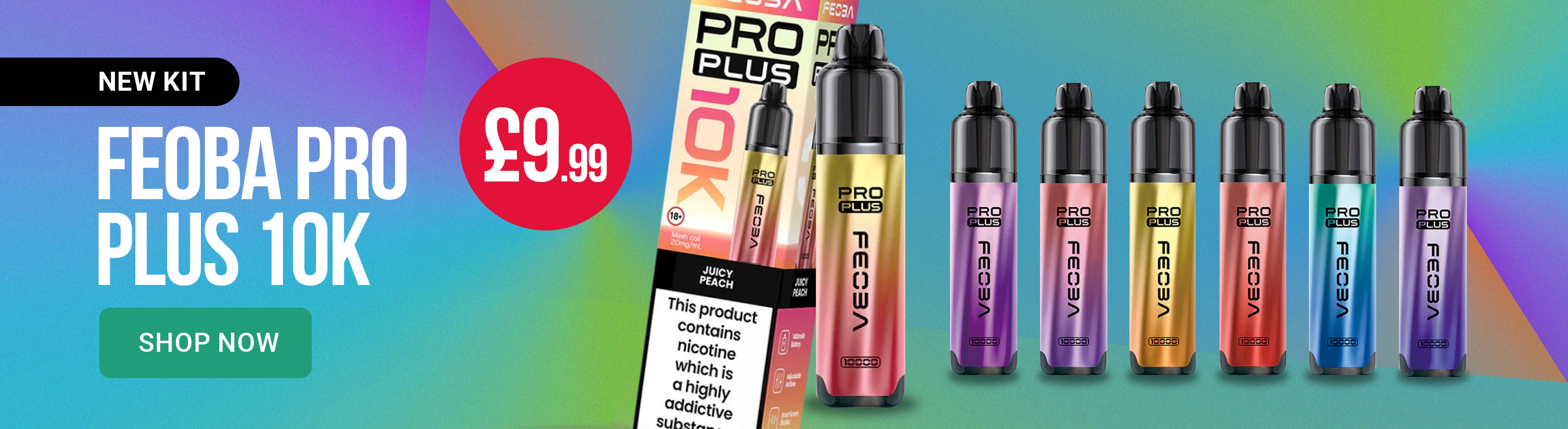 Feoba Pro Plus 10K vape devices with a promotional banner on a colorful background