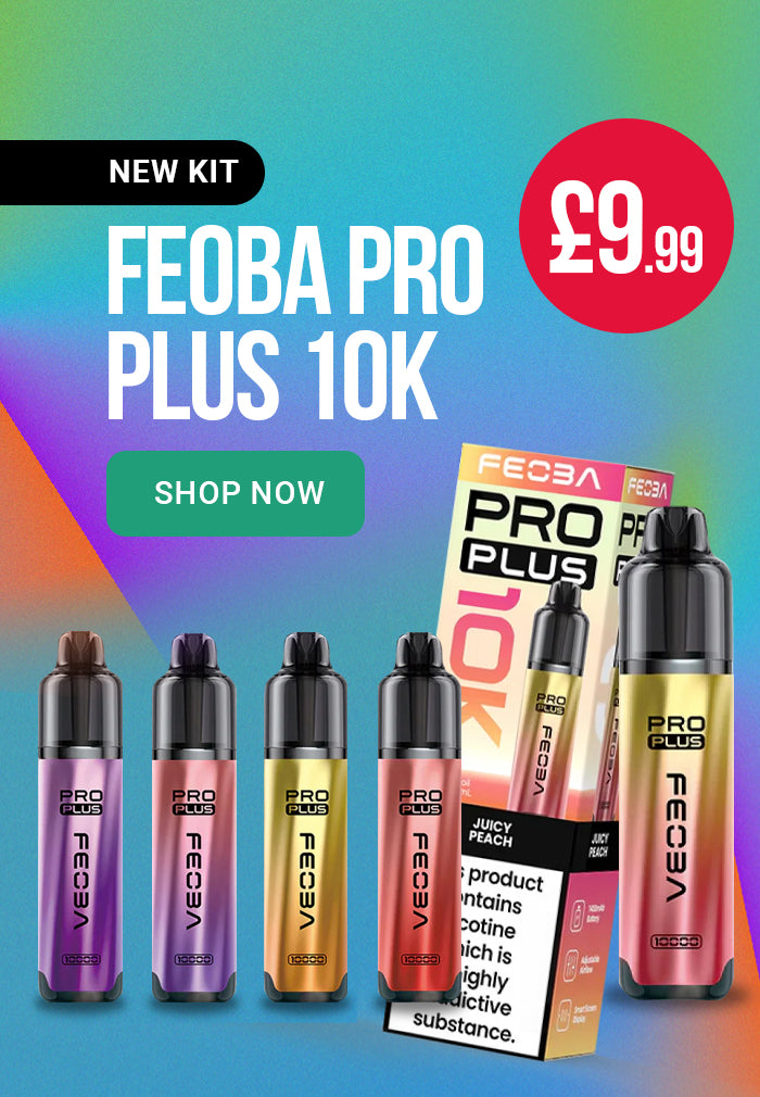 Feoba Pro Plus 10K vape devices with a promotional banner on a colorful background