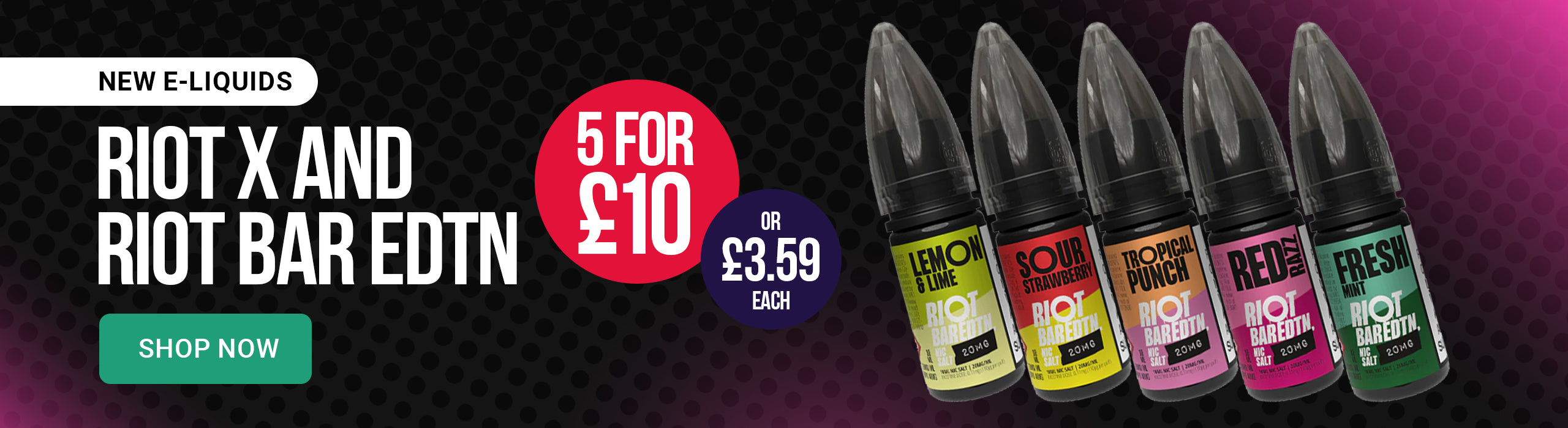Promotional banner for e-liquid products with various flavors on a dark background.