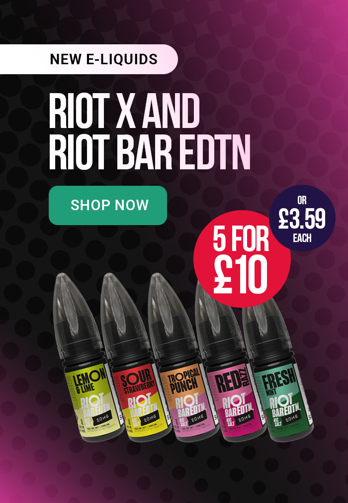 Advertisement for new e-liquids with product bottles on a purple background
