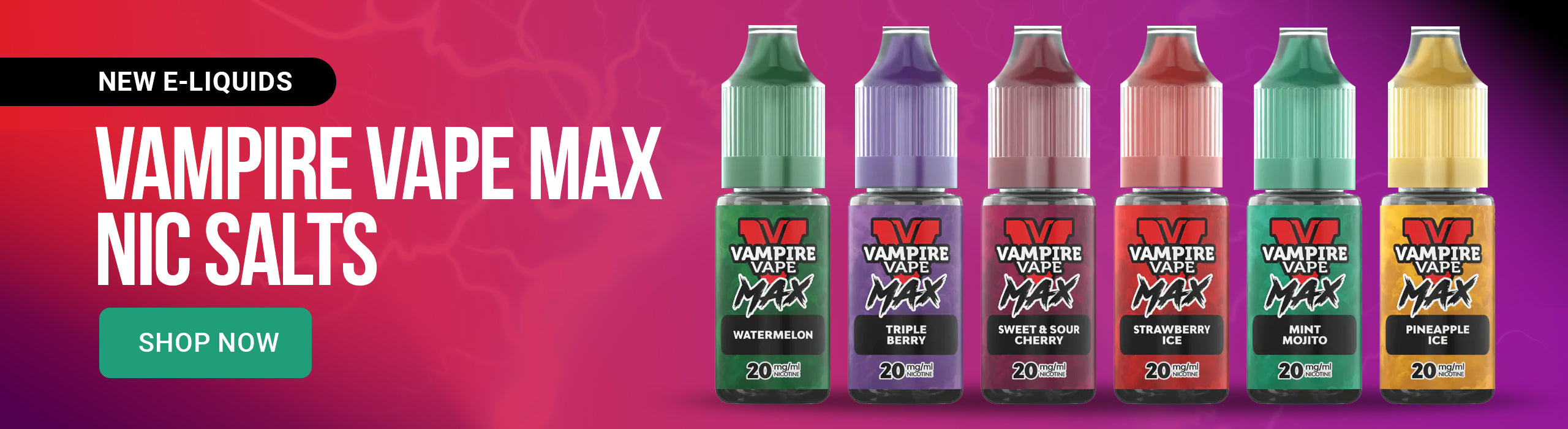 Vampire Vape Max Nic Salts e-liquid bottles on a purple background with promotional text.