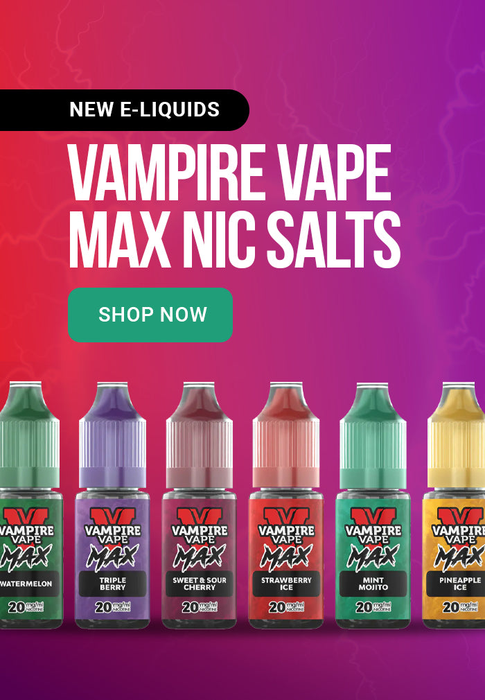 Promotional image of Vampire Vape Max Nic Salts e-liquid bottles with a colourful background.