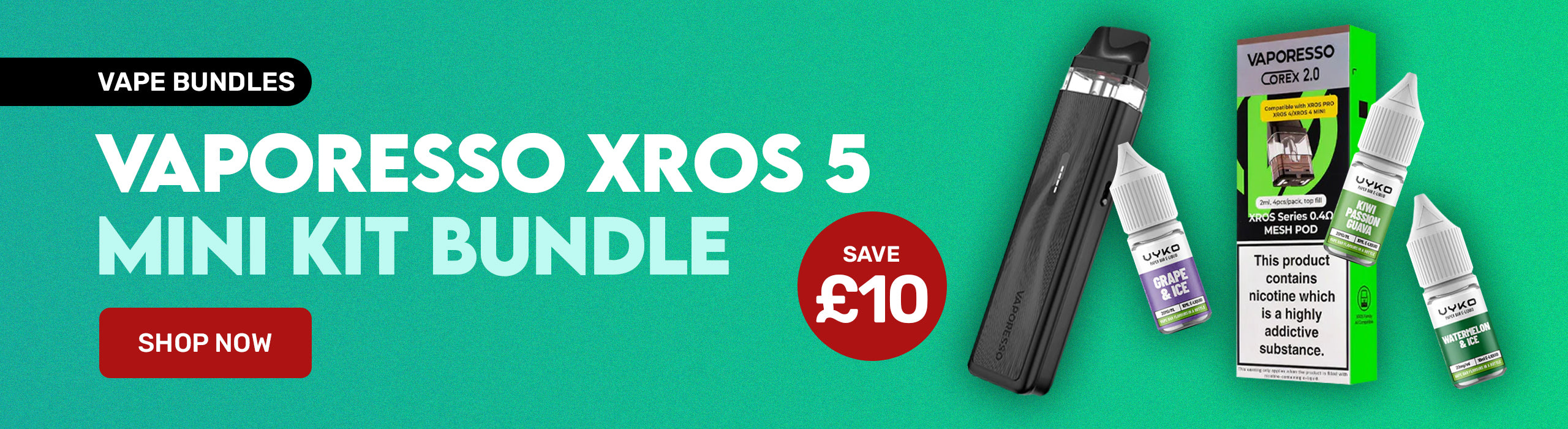 Vaporesso XROS 5 mini kit bundle with vape devices and packaging on a green background