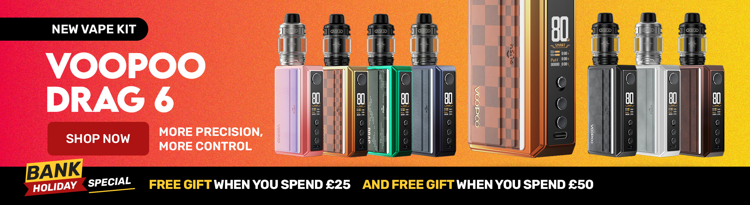 VooPoo Drag 6 vape devices on an orange background with a free gift promotional message