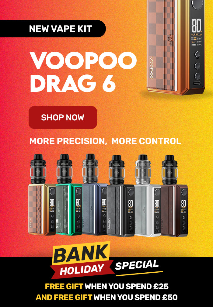 VooPoo Drag 6 vape devices on an orange background with a free gift promotional message