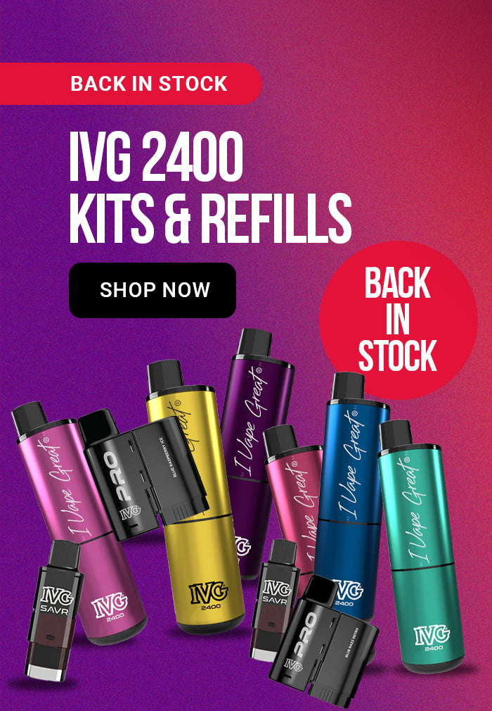A Banner for IVG vape kits and refills, showing multiple vape devices in assorted colours including purple, blue, teal, yellow, and black, alongside large text reading 'BACK IN STOCK' and 'IVG 2400 KITS & REFILLS' on a red-to-purple gradient background.