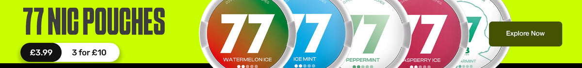 Promotional banner for 77 Nig Pouches showing five circular product icons with the number 77 in different colors, alongside pricing and an 'Explore Now' button.