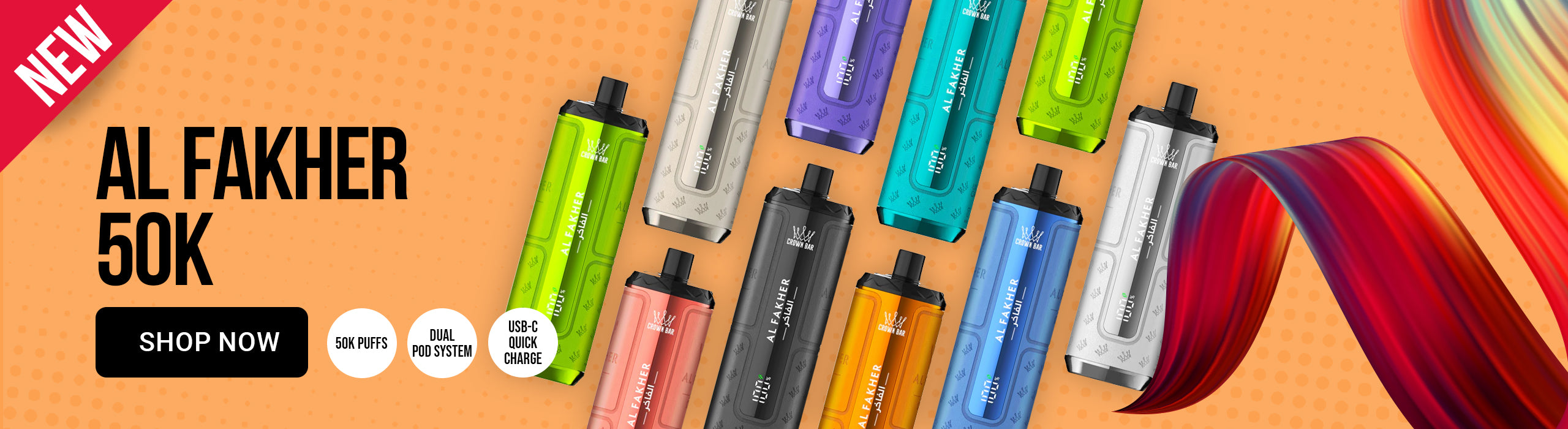 A banner for Al Fakher 50K vape devices, showing multiple colorful vapes arranged diagonally on a bright orange background with a red 'NEW' ribbon and 'SHOP NOW' call-to-action text.