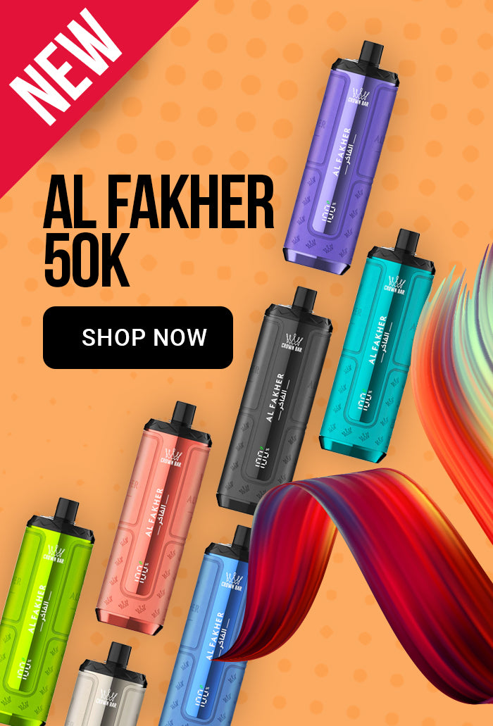 Banner for the Al Fakher 50K vape kit, showing multiple units in different colors (purple, teal, pink, blue, green, black, and silver) arranged on an orange background with a red 'NEW' banner and a black 'SHOP NOW' button.