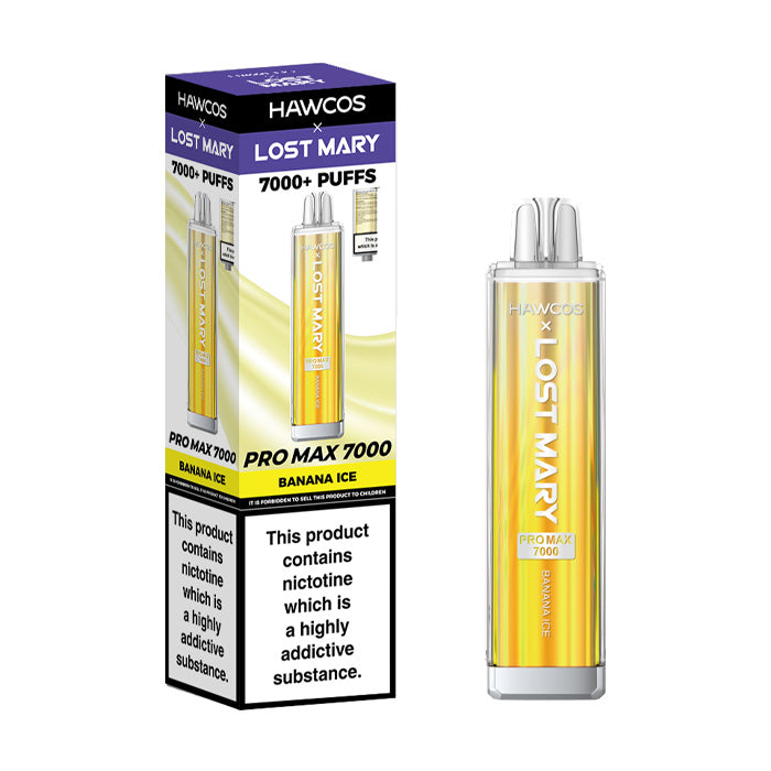 Banana Ice Hawcos x Lost Mary Pro Max 7000 Disposable Vape and Box