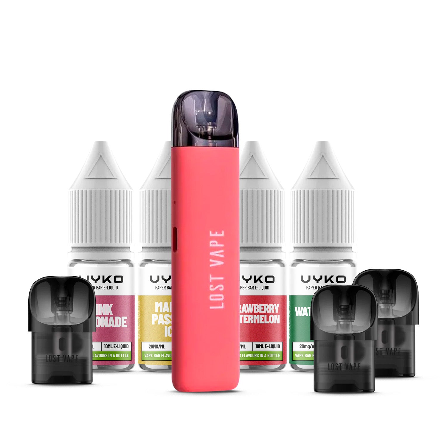 Pink Lost Vape Ursa Nano Pod Kit with three 10ml Nic Salts and three pods