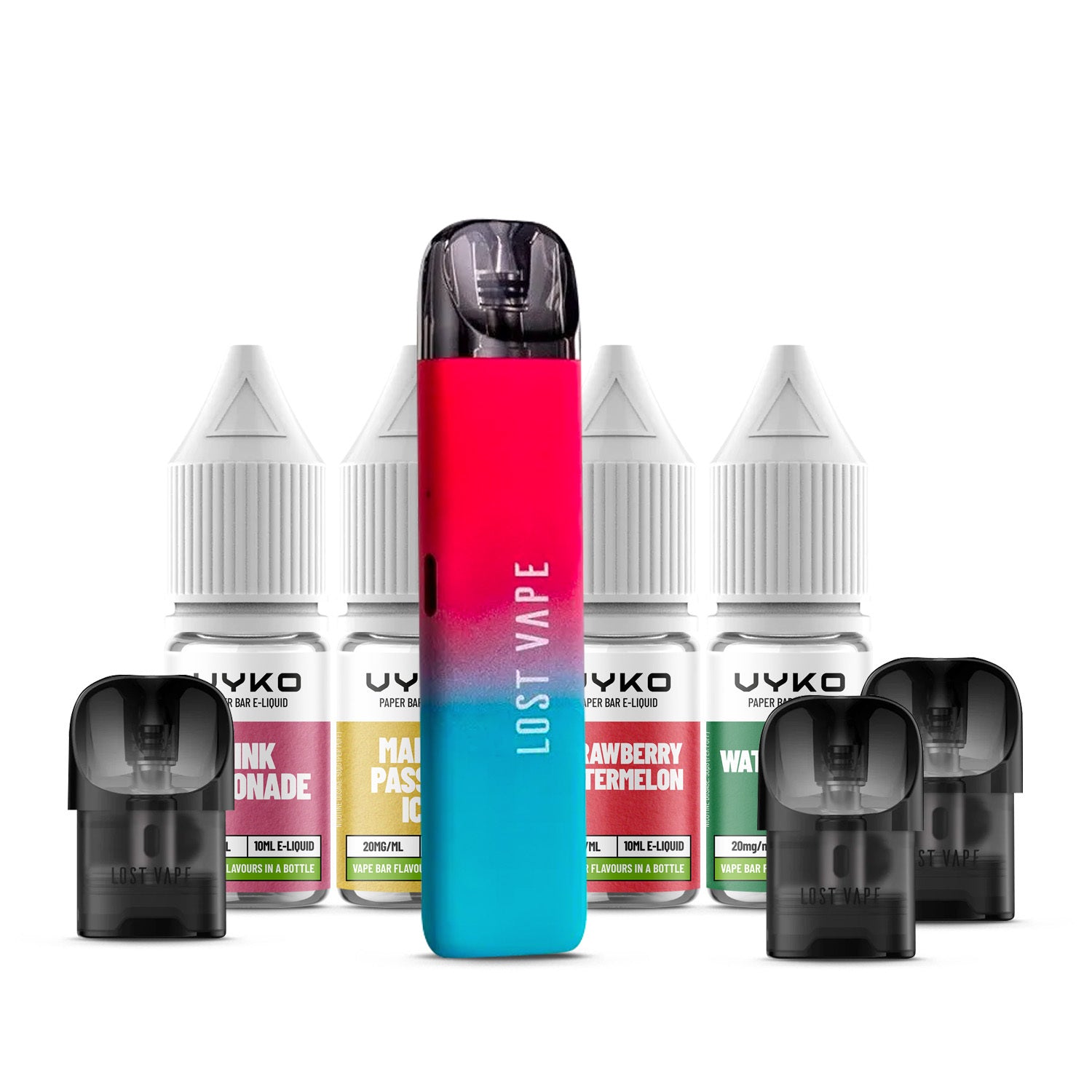 Red and Blue Lost Vape Ursa Nano Pod Kit with three 10ml Nic Salts and three pods