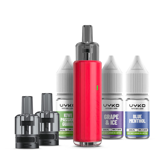 Red VooPoo Doric Q Kit with three 10ml e-liquids and two pods