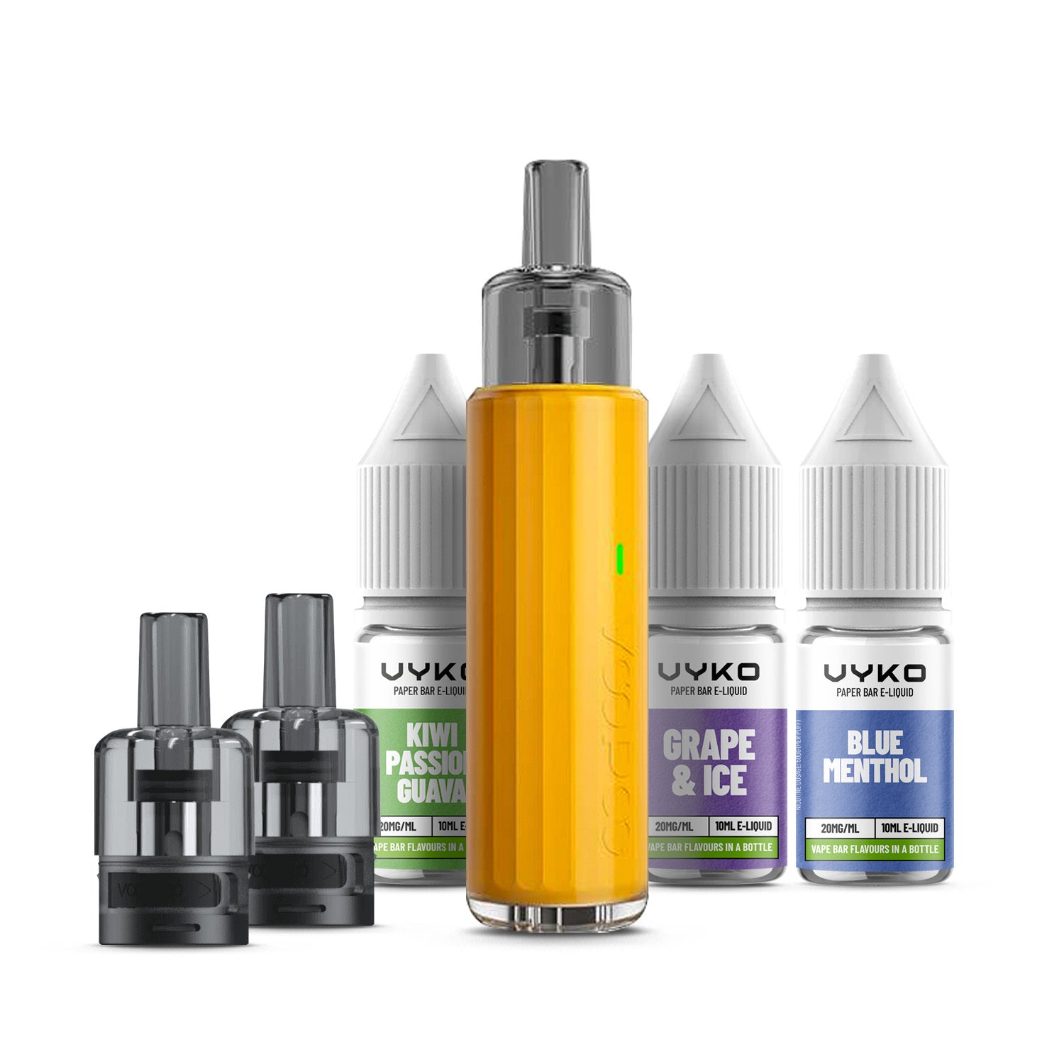 Yellow VooPoo Doric Q Kit with three 10ml e-liquids and two pods