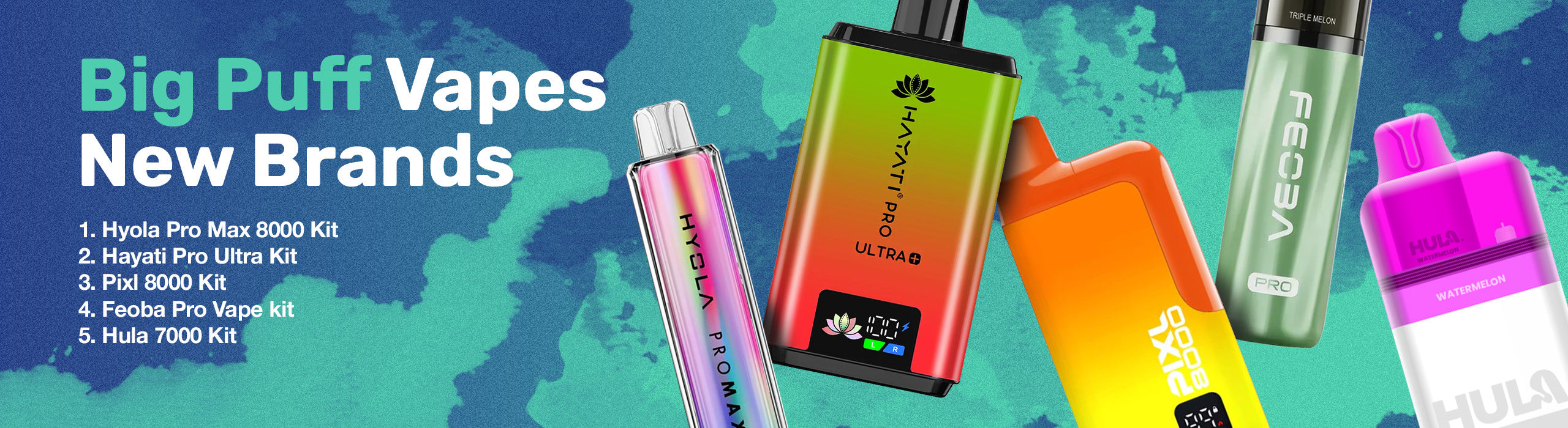 Promotional banner for Big Puff Vapes featuring colorful vape devices on a blue gradient background.