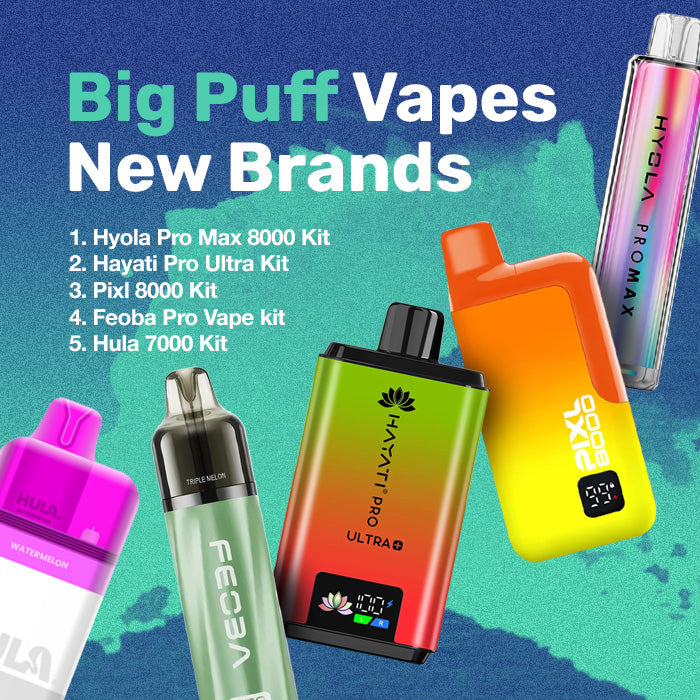 Promotional image of Big Puff Vapes with colorful vape devices on a blue and green gradient background.