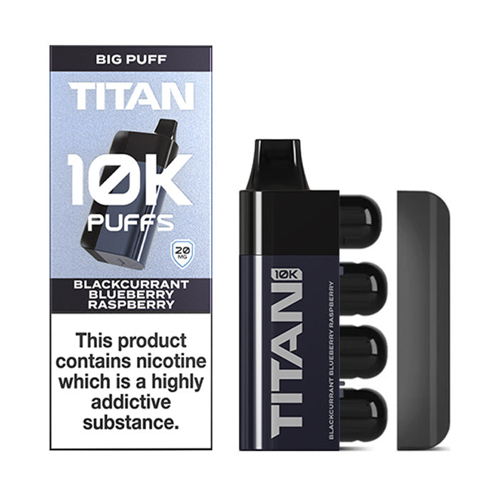 Blackcurrant Blueberry Raspberry Titan 10K Disposable Vape and Box