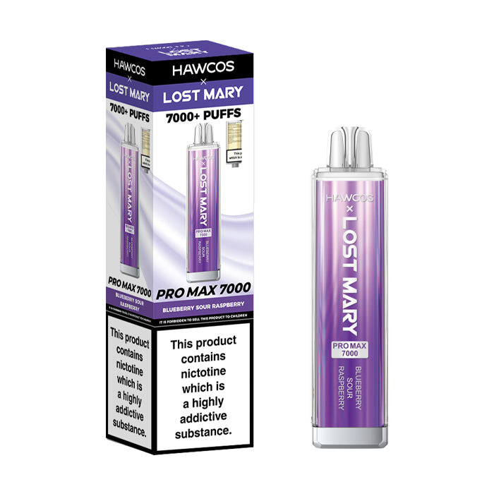 Blueberry Sour Raspberry Hawcos x Lost Mary Pro Max 7000 Disposable Vape and Box