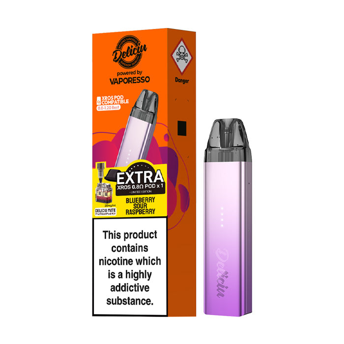 Blueberry Sour Raspberry Vaporesso Deliciu Mate Pod Kit and Box