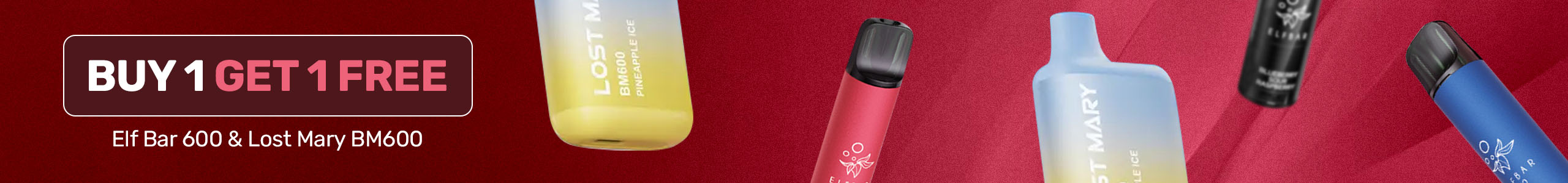 Promotional banner with vape devices and a 'Buy 1 Get 1 Free' offer on a red background.