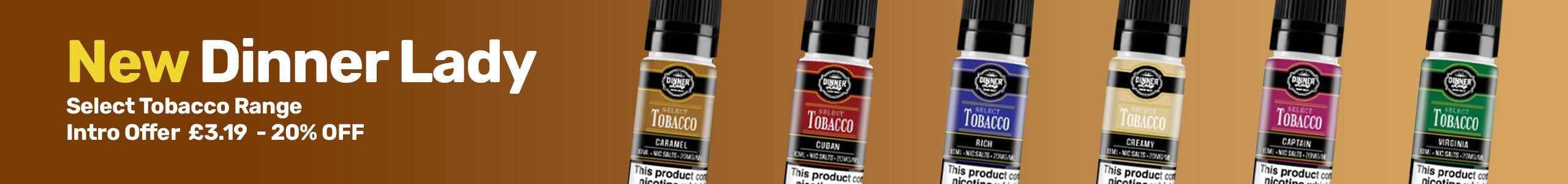 Promotional banner for 'New Dinner Lady' tobacco products with product images and discount information.