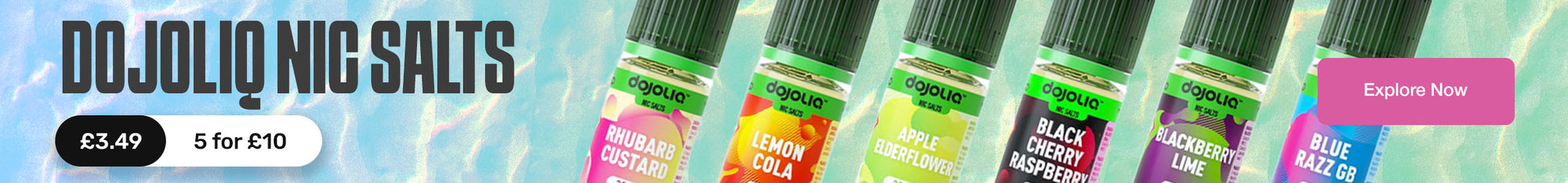 A promotional banner for Ddjoliq Nig Salts showing six colorful vape oil bottles with green labels, alongside price and quantity text and a pink 'Explore Now' button.
