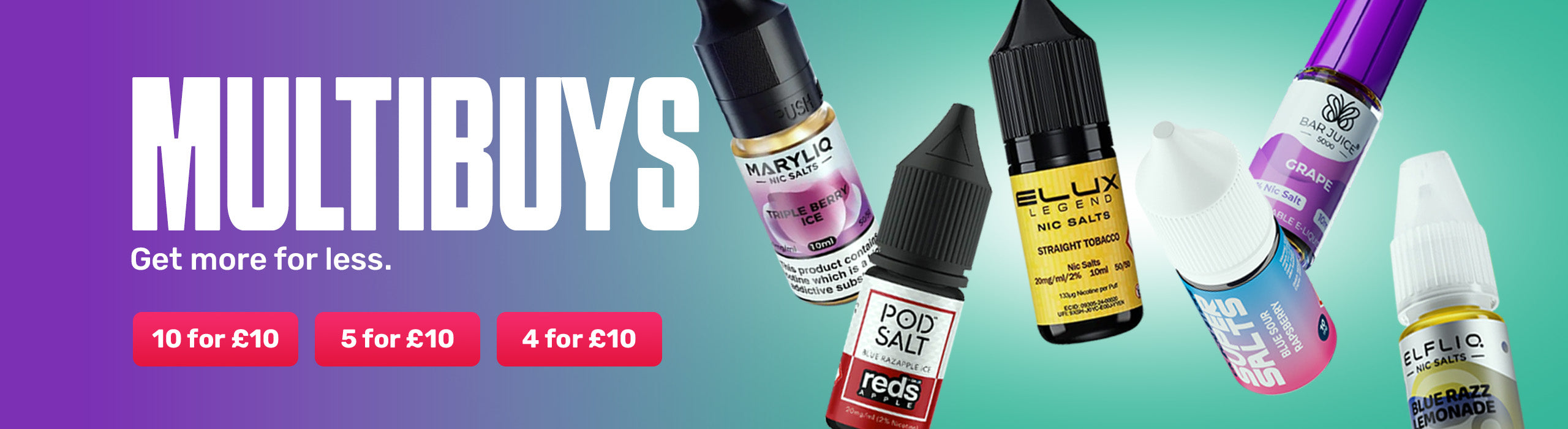 Promotional banner for multibuys with vape juice bottles on a gradient background