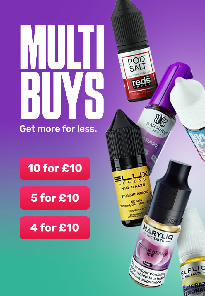 Promotional advertisement for vape juice products with pricing on a gradient purple and green background.