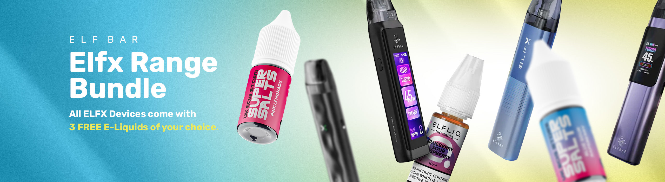 Elf Bar Elfx Range Bundle promotion with electronic devices and liquids on a gradient background