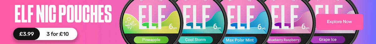 Promotional graphic for ELF Nic Pouches showing three round nicotine pouch canisters on a pink and purple gradient background, with text reading 'ELF NIC POUCHES', '3 for £10', and flavor names Pineapple and Storm.