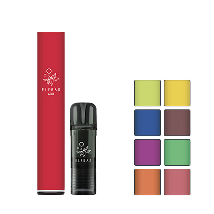 Elf Bar 600 Prefilled Pod Kit with eight squares showcasing eight out of the seventeen available flavours