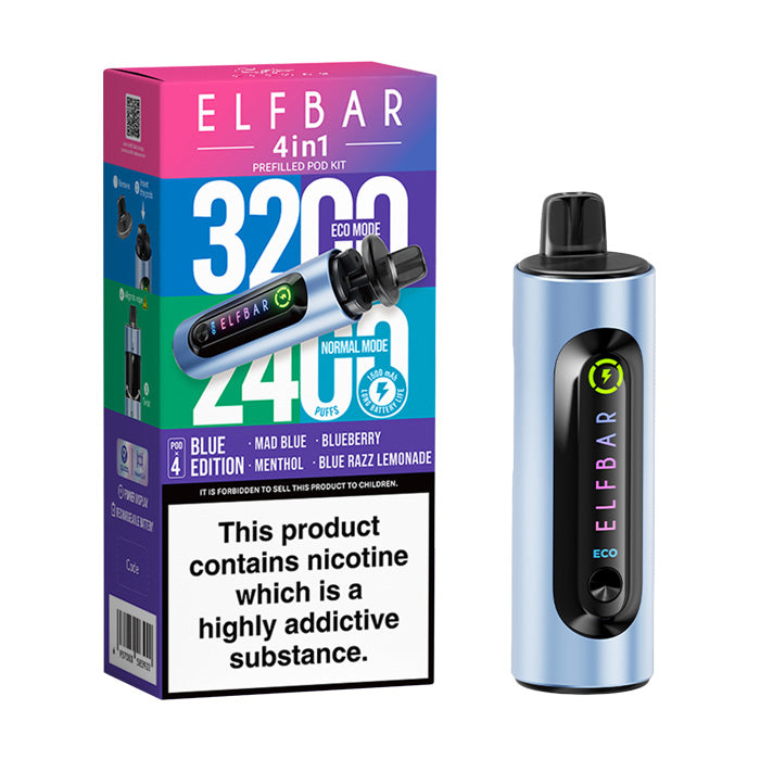 Blue Edition Elf Bar 4 in 1 Prefilled Pod Kit and Box