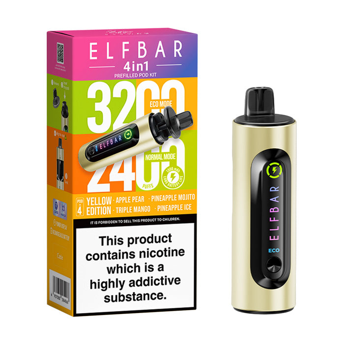 Yellow Edition Elf Bar 4 in 1 Prefilled Pod Kit and Box
