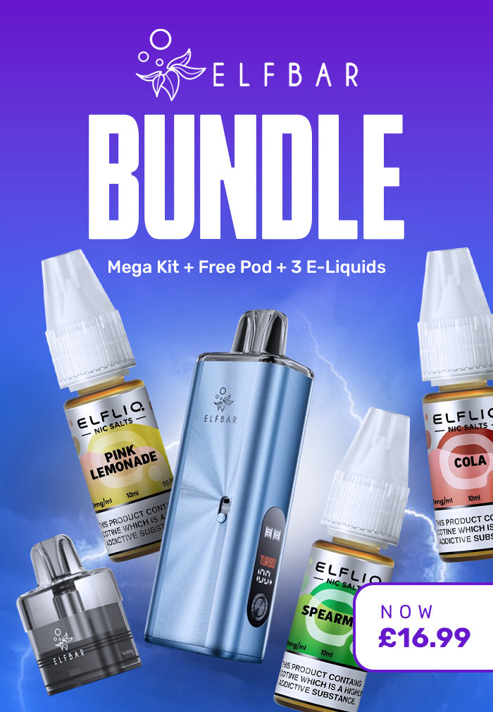 Elfbar vape kit bundle with e-liquids on a blue background