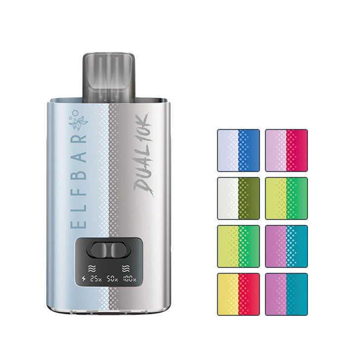 Elf Bar Dual 10K Prefilled Pod Kit with eight squares showcasing eight out of the twenty available flavour editions