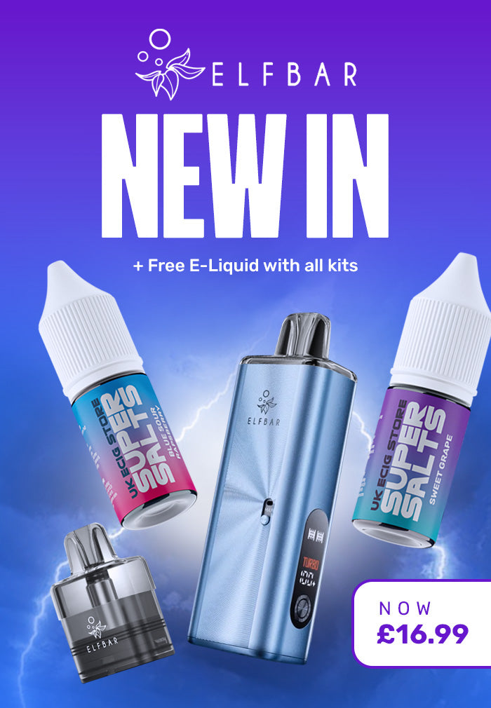Advertisement for ELF BAR vaping products with text 'NEW IN' and 'Free E-Liquid with all kits'.