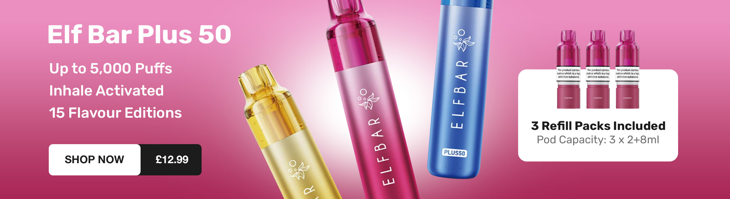 Elf Bar Plus 50 vape device with packaging on a pink background