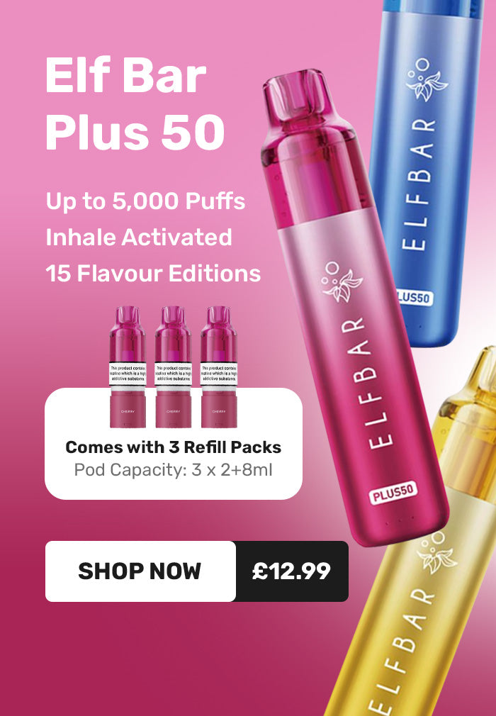 Elf Bar Plus 50 vape device with packaging on a pink background