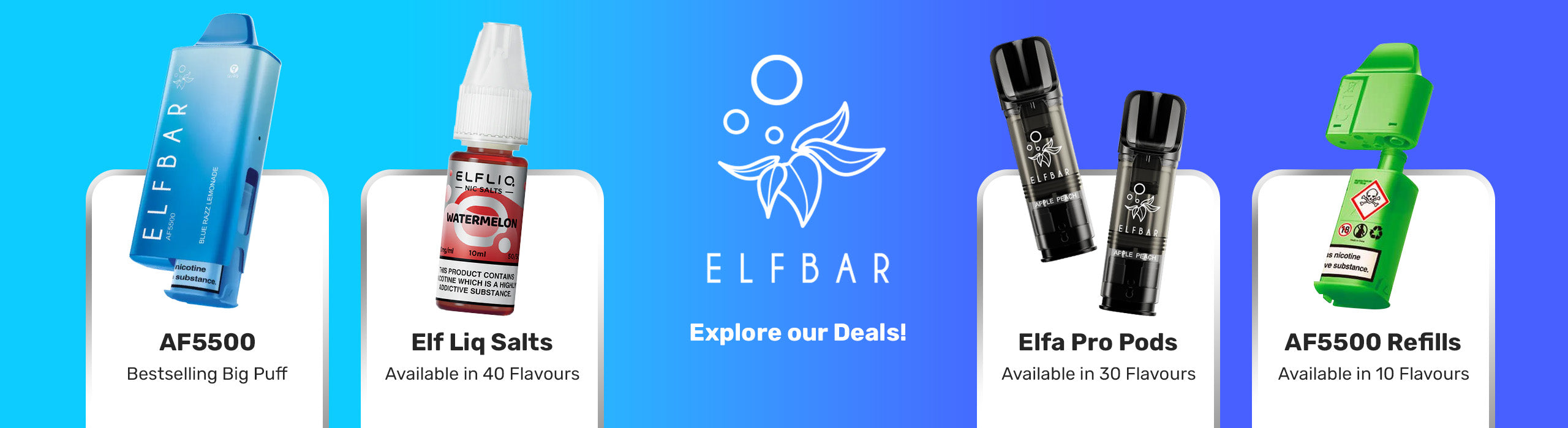 Elf Bar product lineup including AF5500, Elf Liq Salts, Pro Pods, and Refills on a blue background.