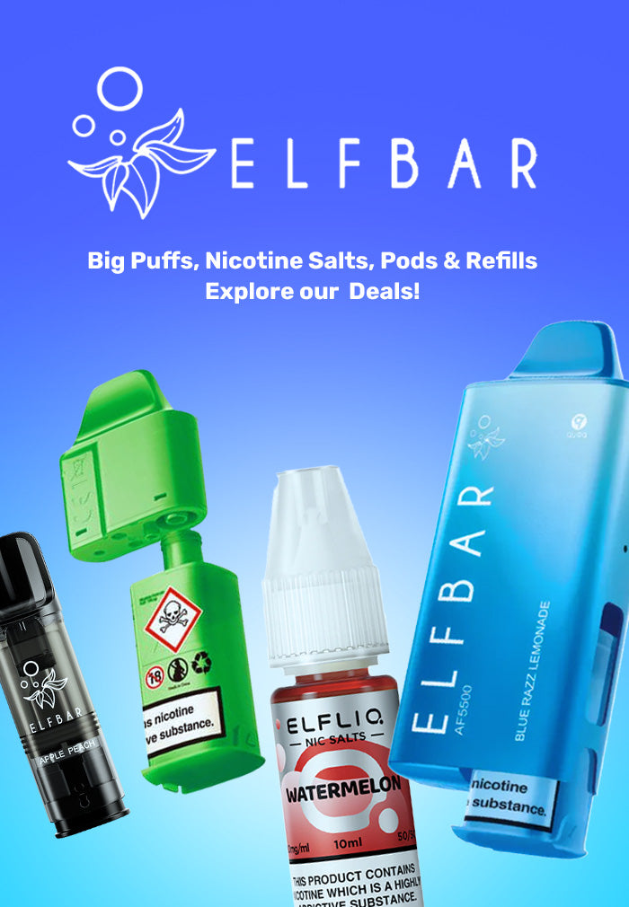 ELF BAR vaping products including a green device, a blue container, and a bottle on a blue background with ELF BAR branding.