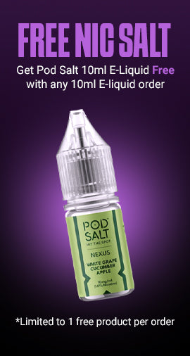 Pod Salt e-liquid bottle with promotional text on a purple background