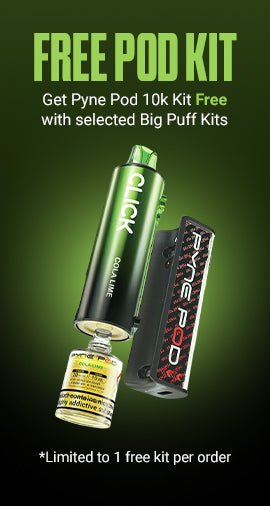 Vape device and pod with promotional text on a green background