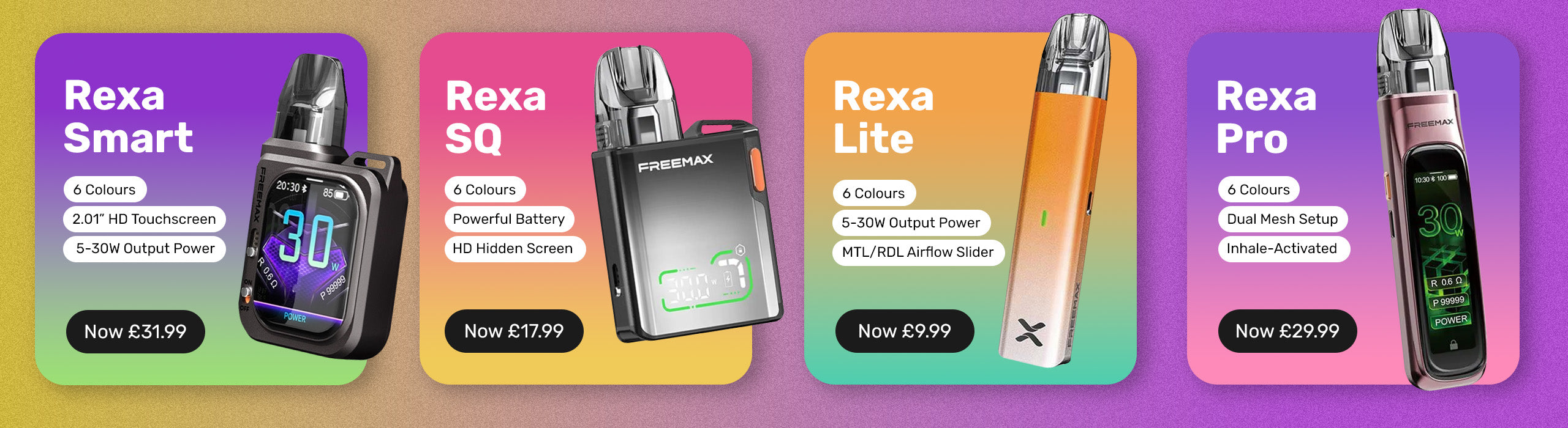 Four vaping devices with gradient backgrounds and price tags on a purple background