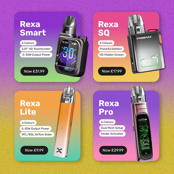 Four vaping devices with their names and features on colorful backgrounds